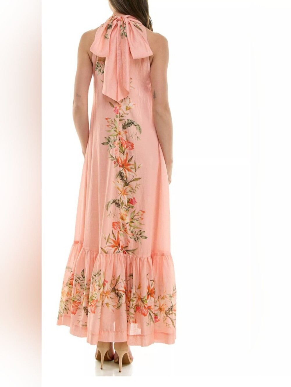 Versona Coral-Peach Floral Halter Maxi Dress with Back Bow - Picture 2 of 11